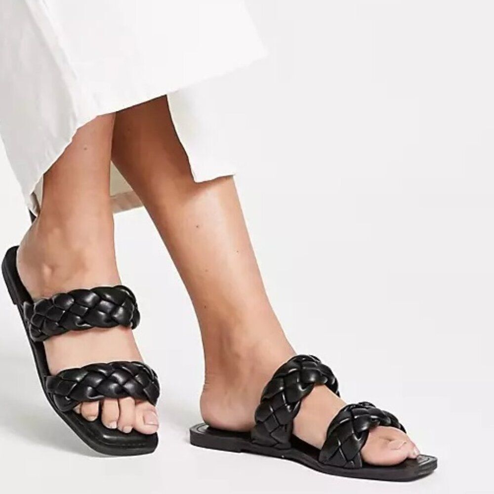 Steve Madden Brimm Black Puffy Double Braided Slide Flat Sandals Square Toe 10